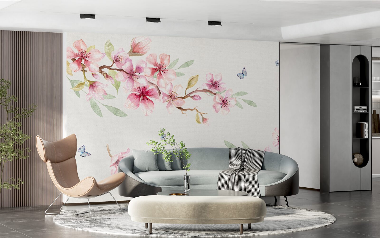 Papier peint les papillons volent autour des branches avec des fleurs