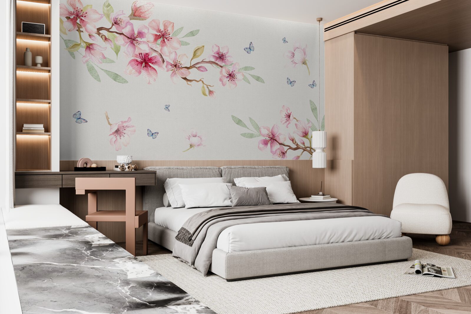 Papier peint les papillons volent autour des branches avec des fleurs