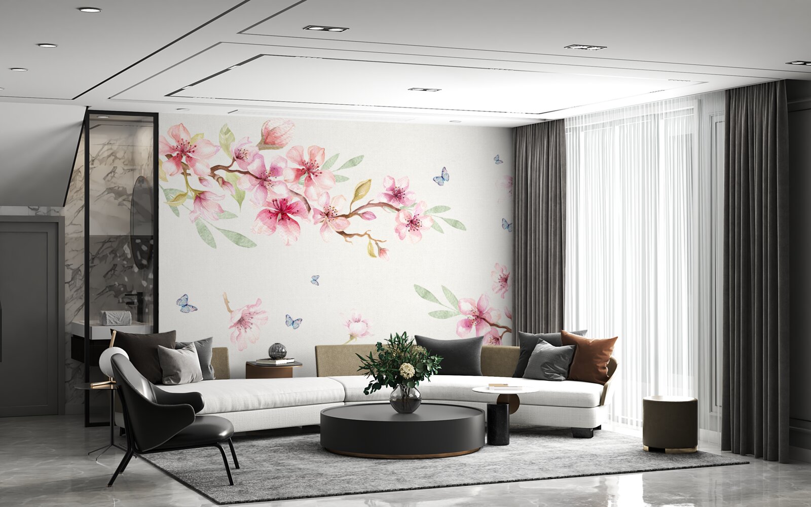 Papier peint les papillons volent autour des branches avec des fleurs