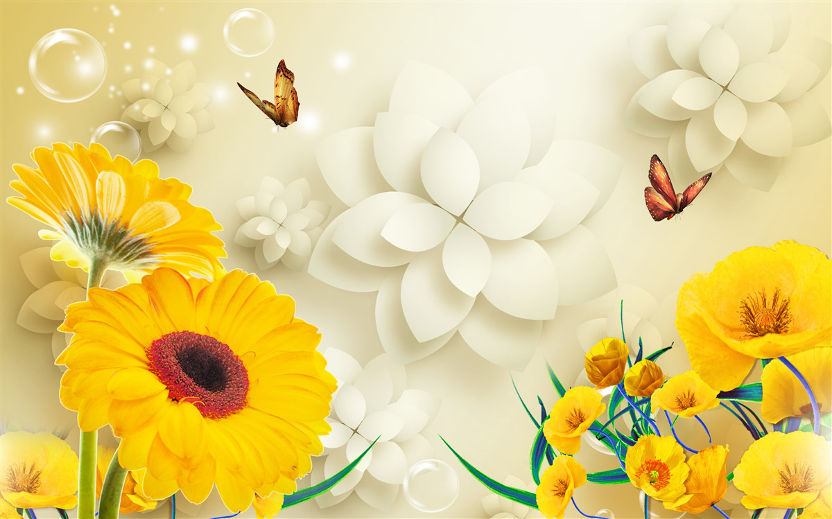 Papier peint des papillons survolent des fleurs orange