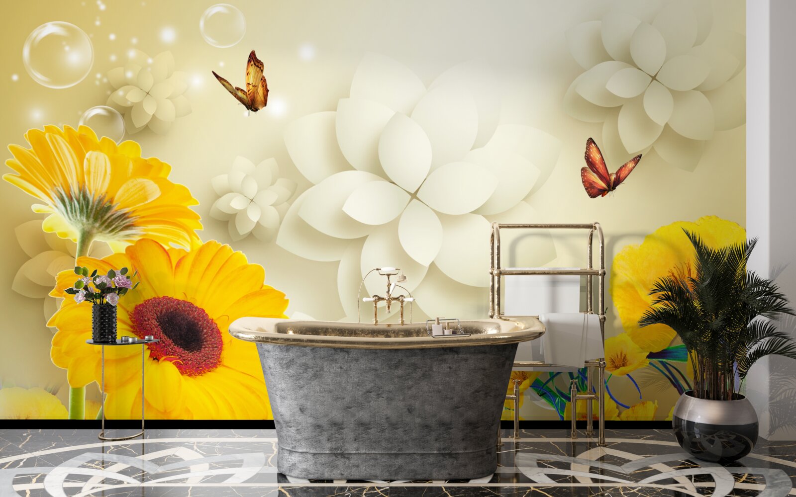 Papier peint des papillons survolent des fleurs orange
