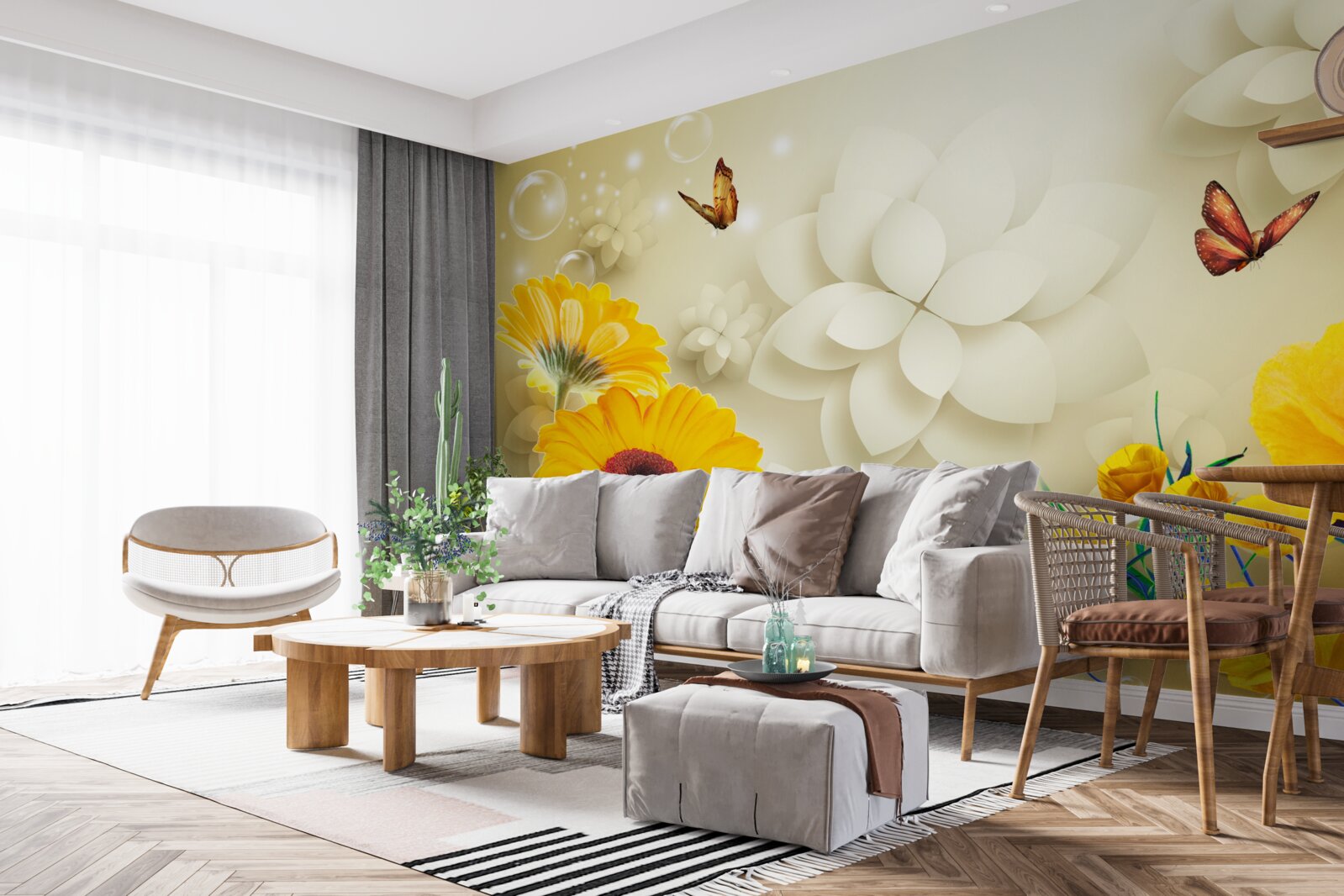 Papier peint des papillons survolent des fleurs orange