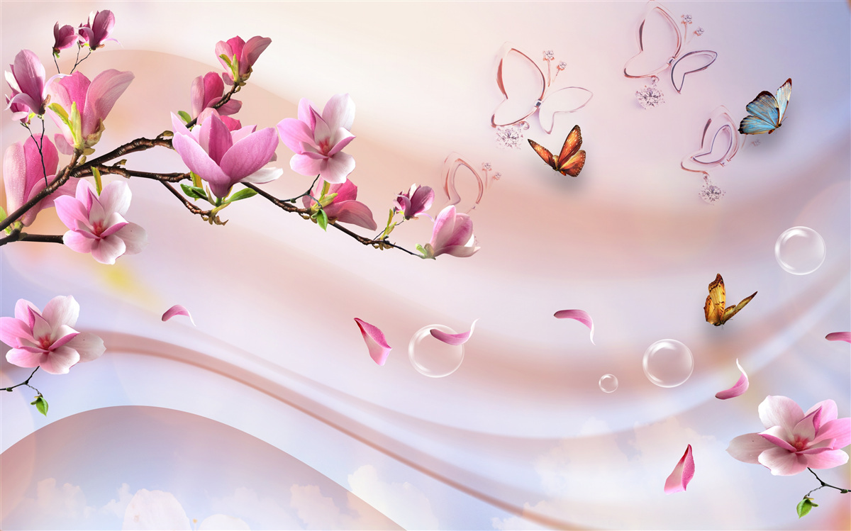 Papier peint branche avec des fleurs roses et des papillons volants