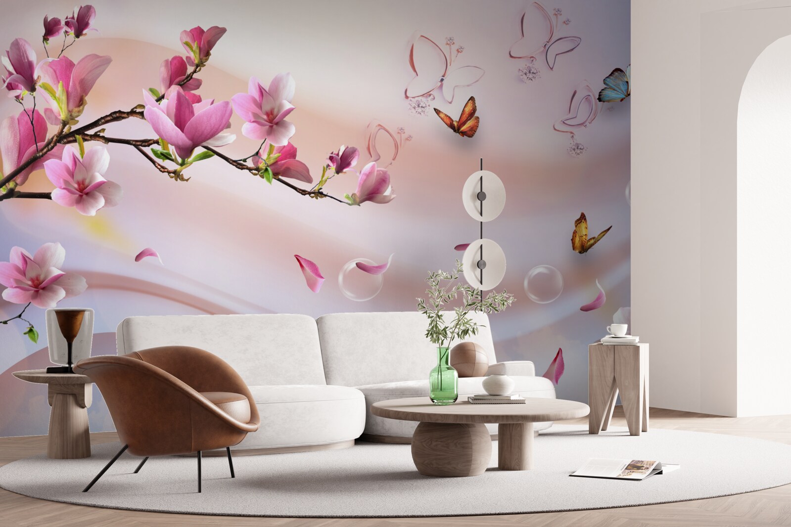 Papier peint branche avec des fleurs roses et des papillons volants