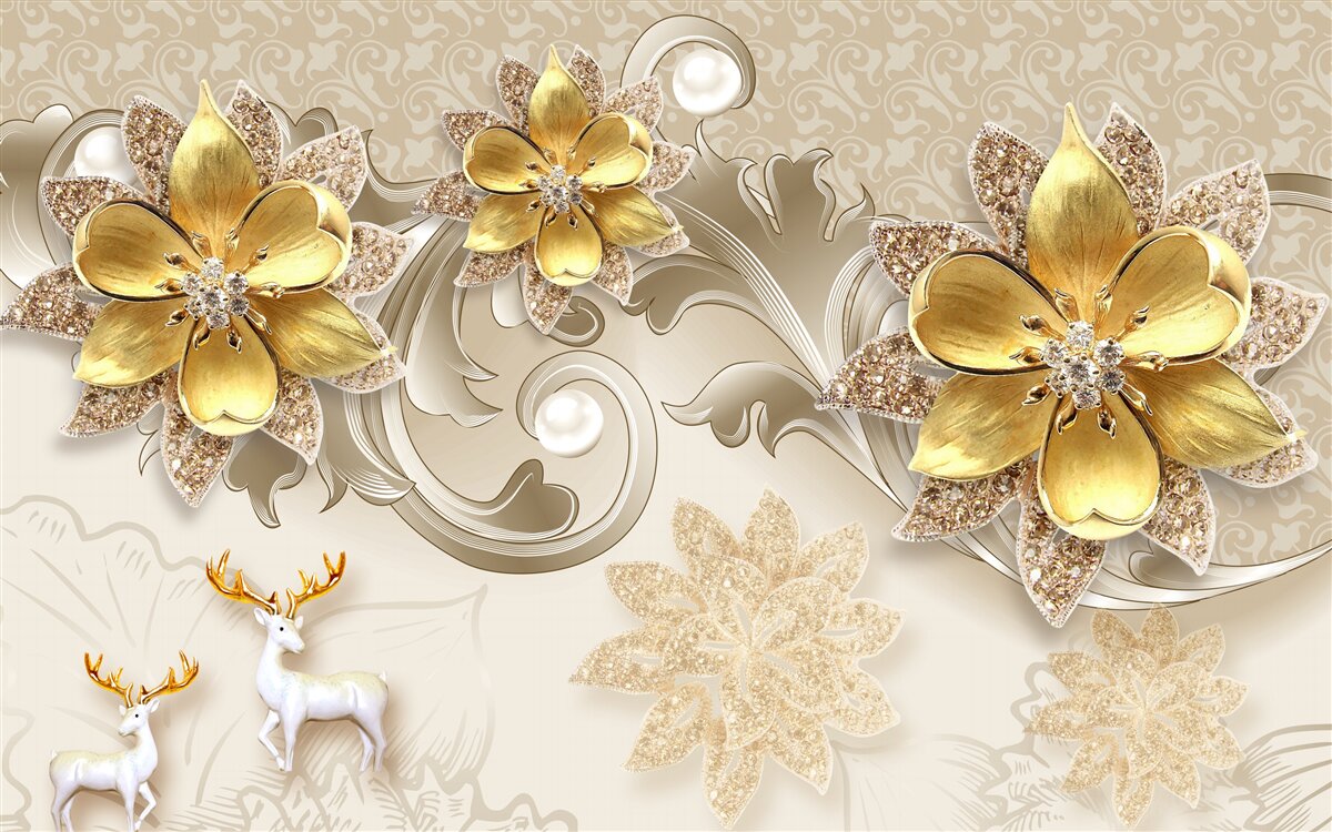 Papier peint petit cerf blanc et fleurs jaune pierre