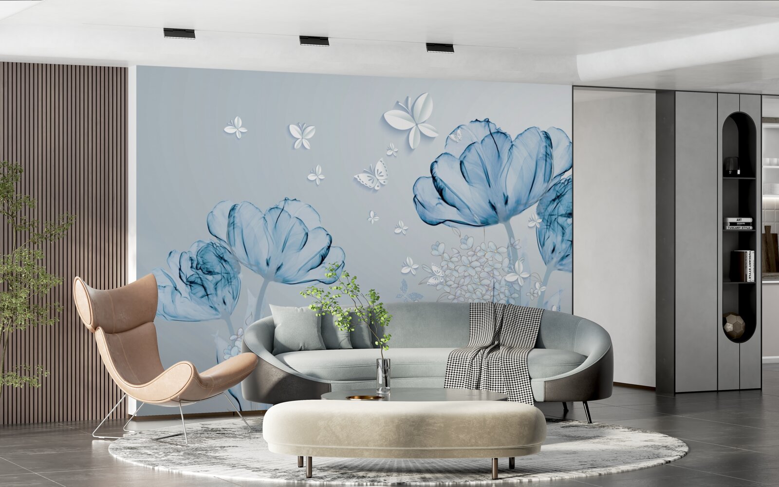 Papier peint des fleurs bleues et des papillons brillants