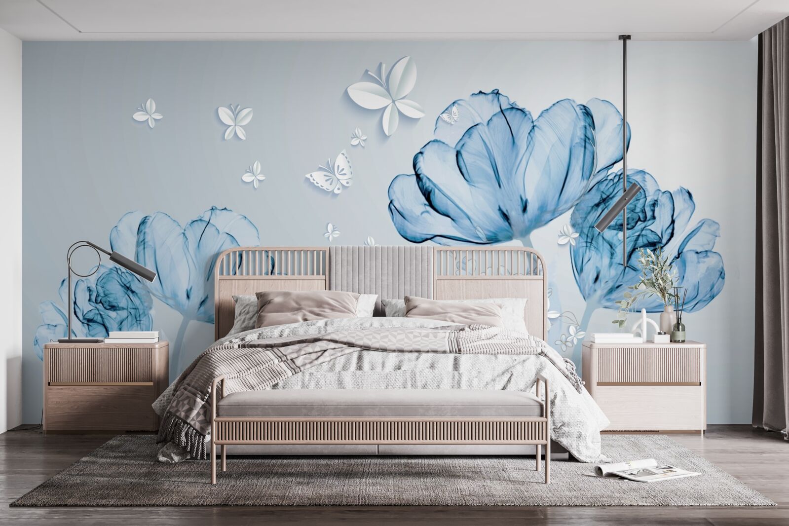 Papier peint des fleurs bleues et des papillons brillants