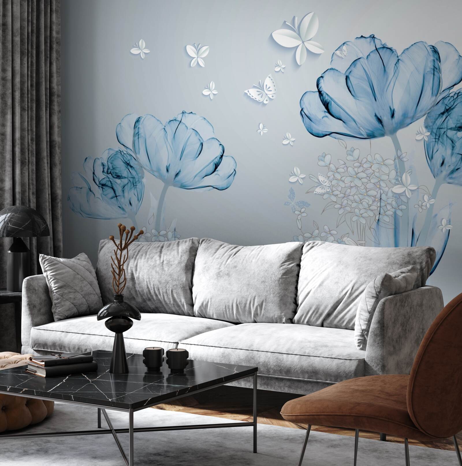 Papier peint des fleurs bleues et des papillons brillants