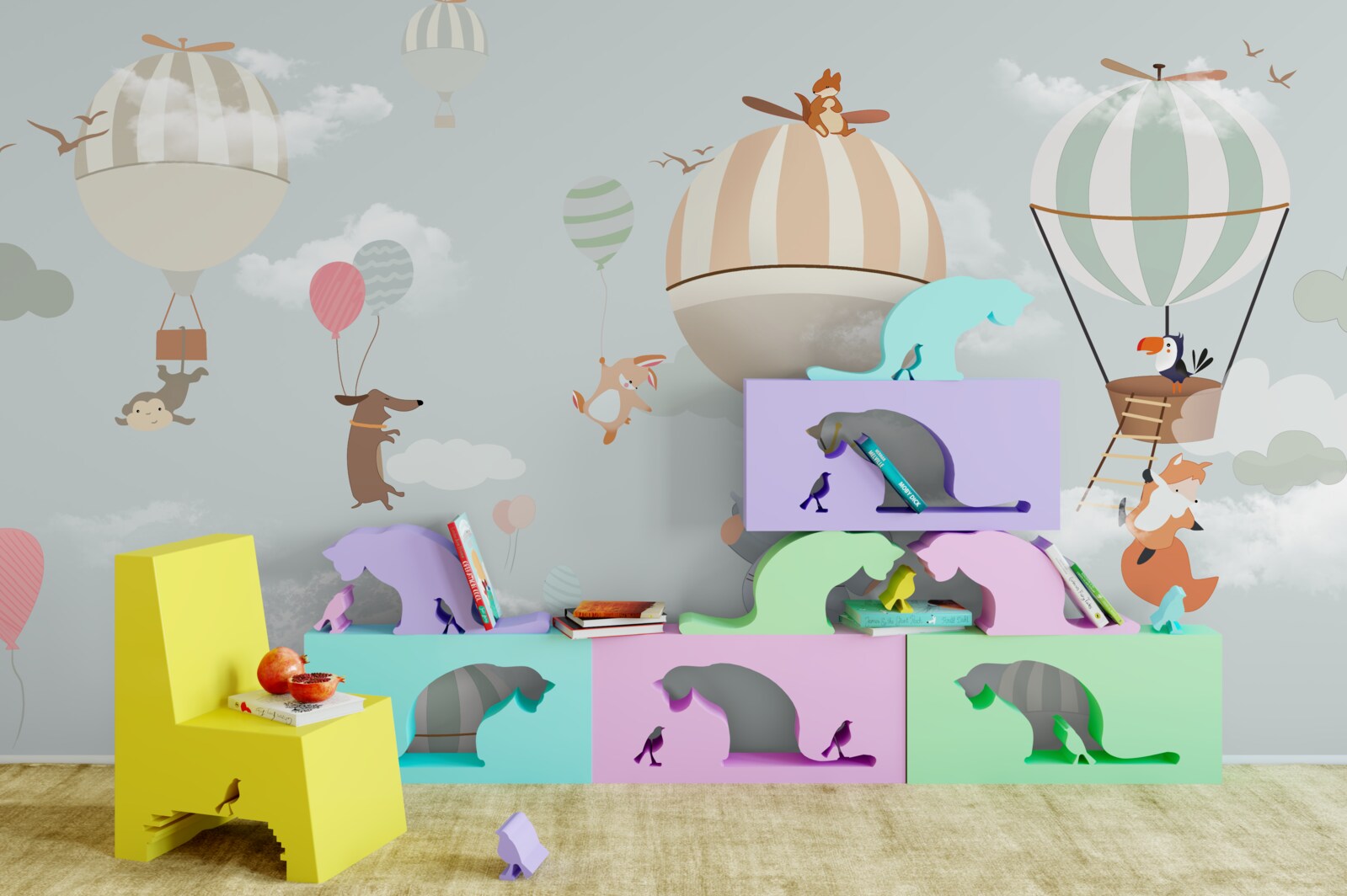 Papier peint les animaux flottent sur des ballons et des ballons de baudruche