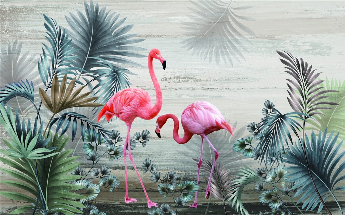 Papier peint flamants roses parmi les feuilles vertes