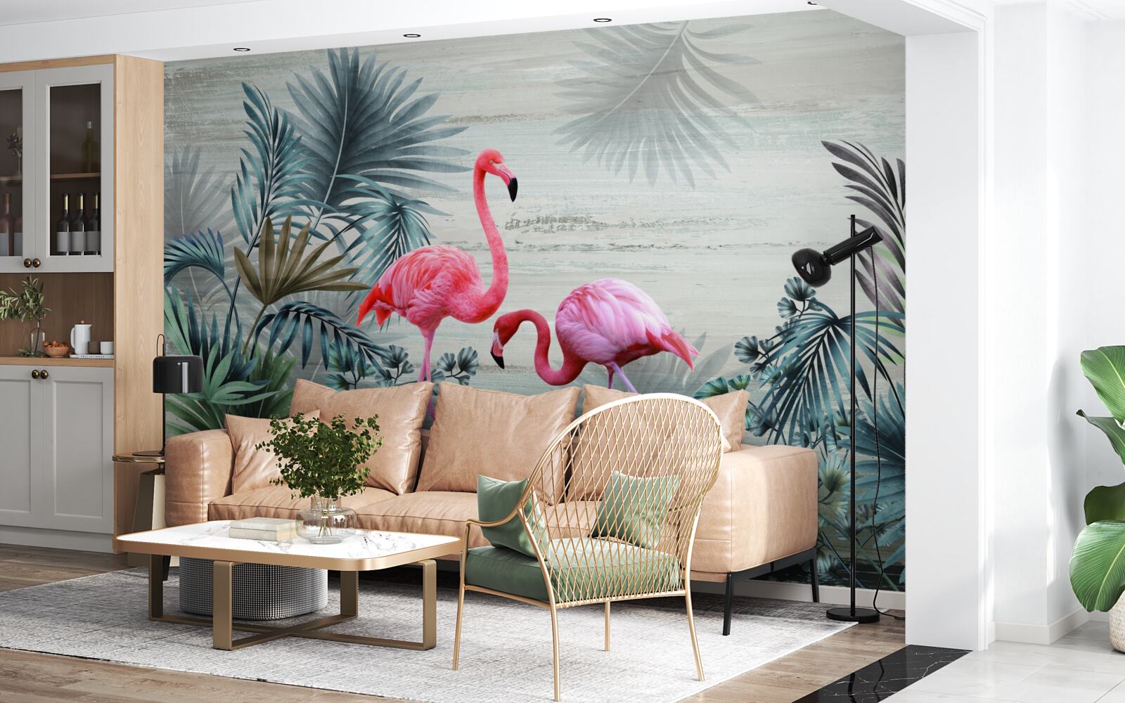 Papier peint flamants roses parmi les feuilles vertes