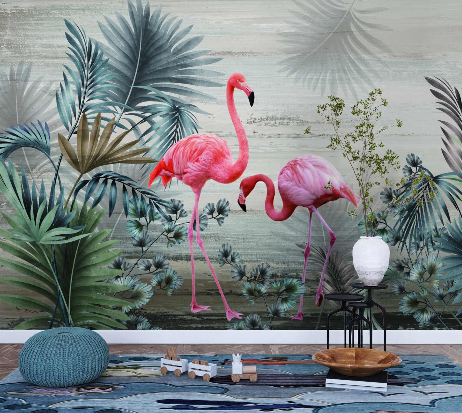 Papier peint flamants roses parmi les feuilles vertes