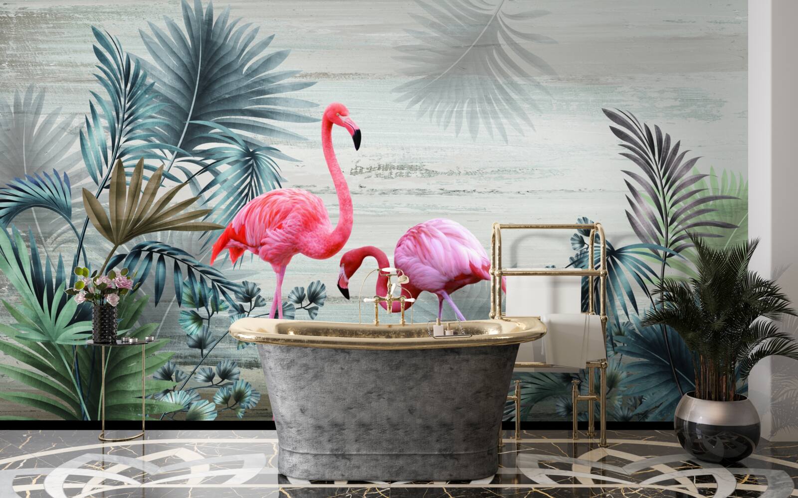 Papier peint flamants roses parmi les feuilles vertes