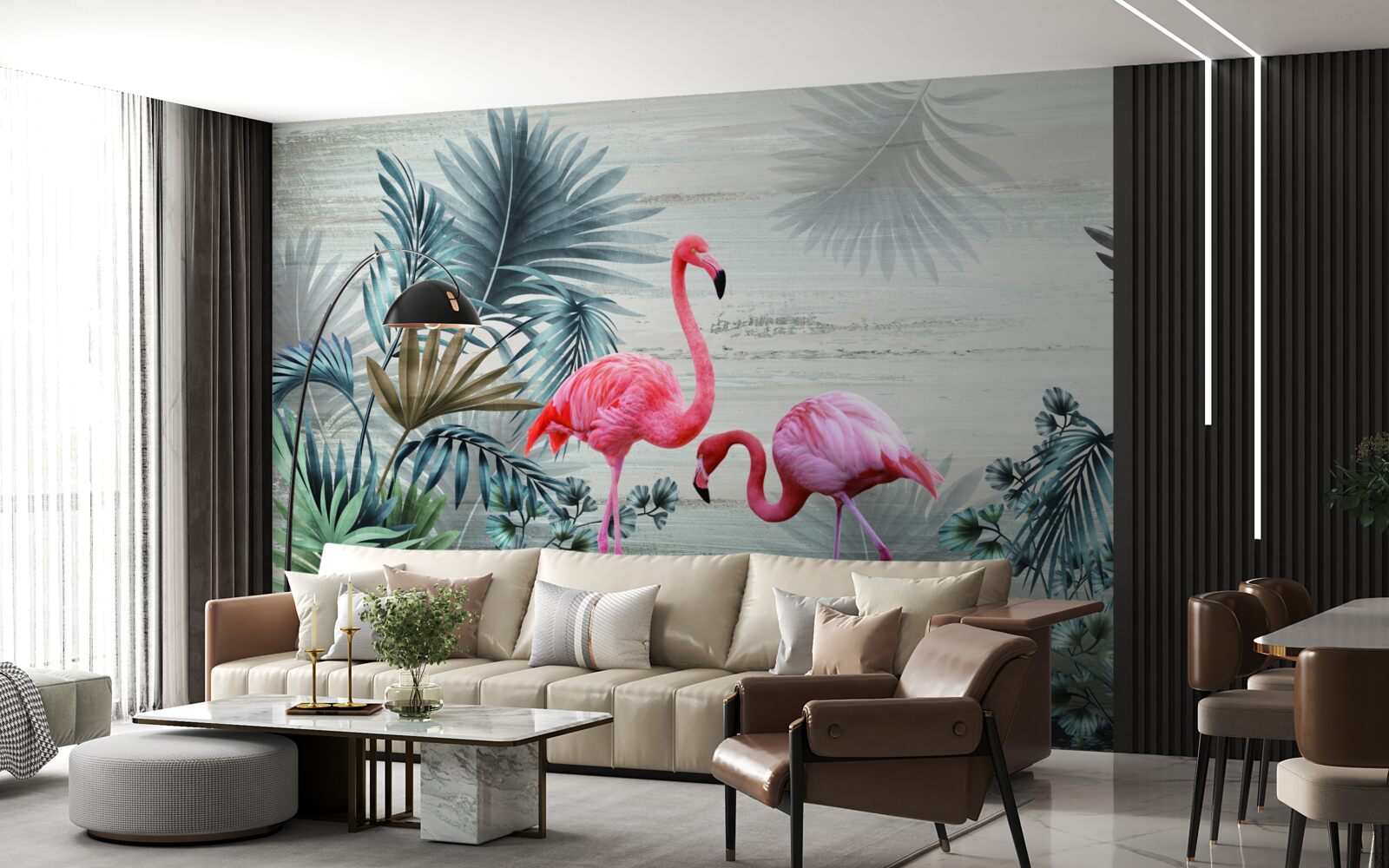 Papier peint flamants roses parmi les feuilles vertes