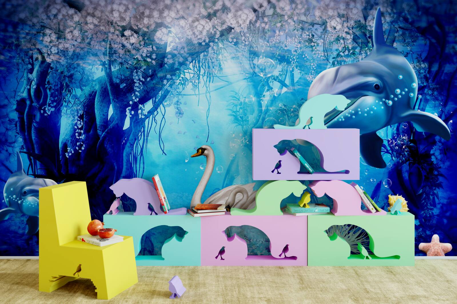 Papier peint Cygnes et dauphins sous l'eau
