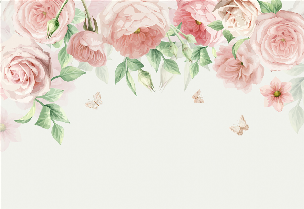 Papier peint fleurs rose tendre avec des feuilles vertes