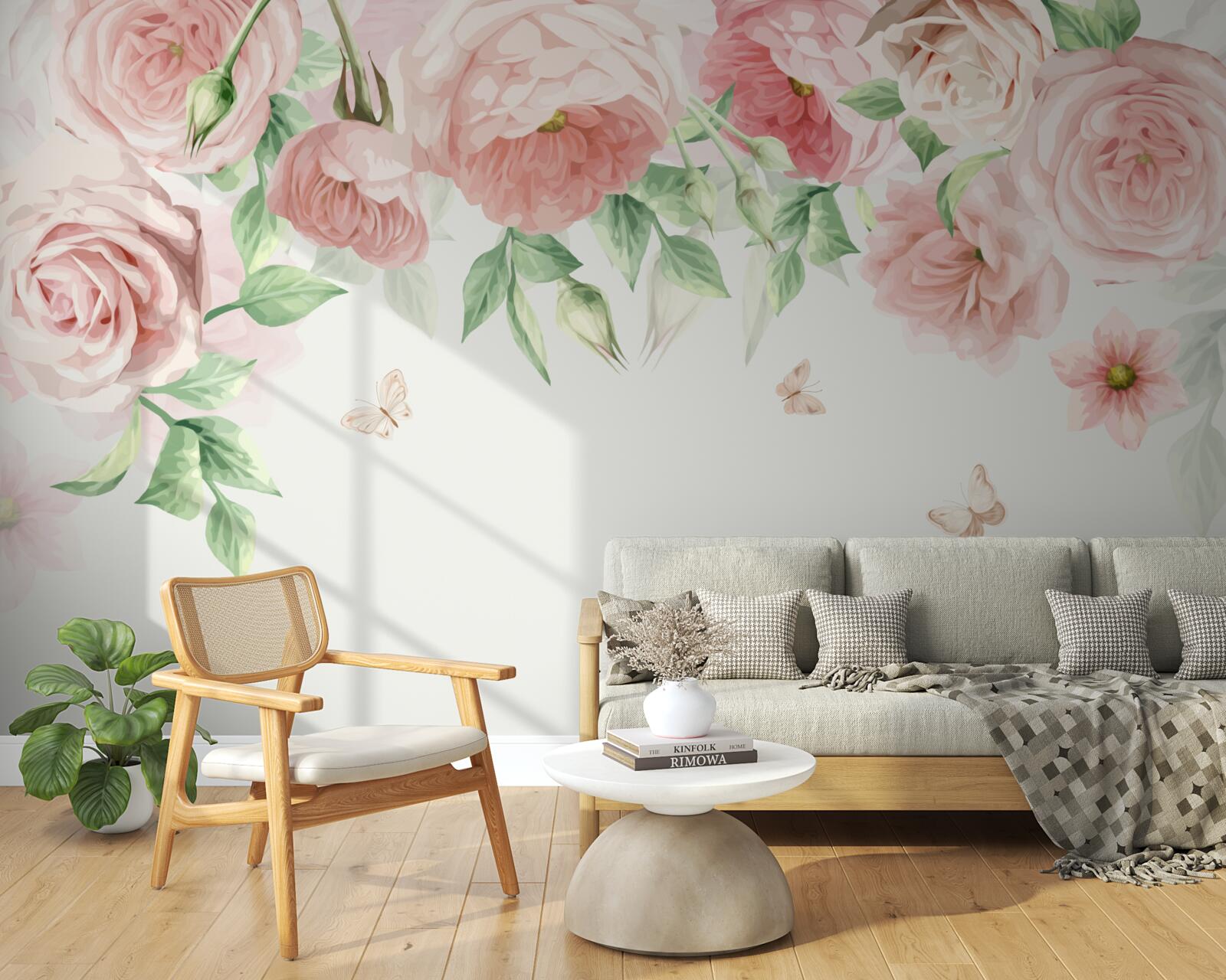 Papier peint fleurs rose tendre avec des feuilles vertes