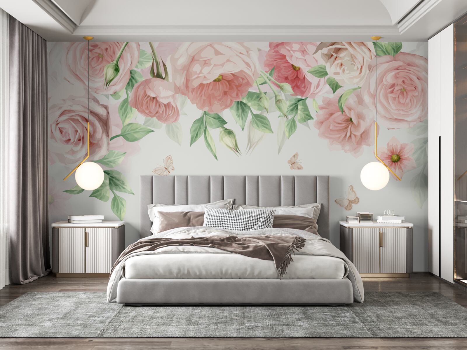 Papier peint fleurs rose tendre avec des feuilles vertes