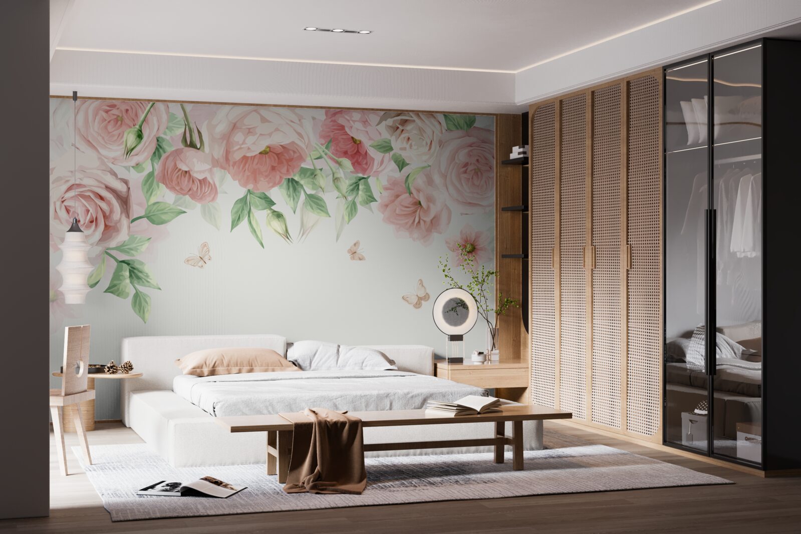Papier peint fleurs rose tendre avec des feuilles vertes
