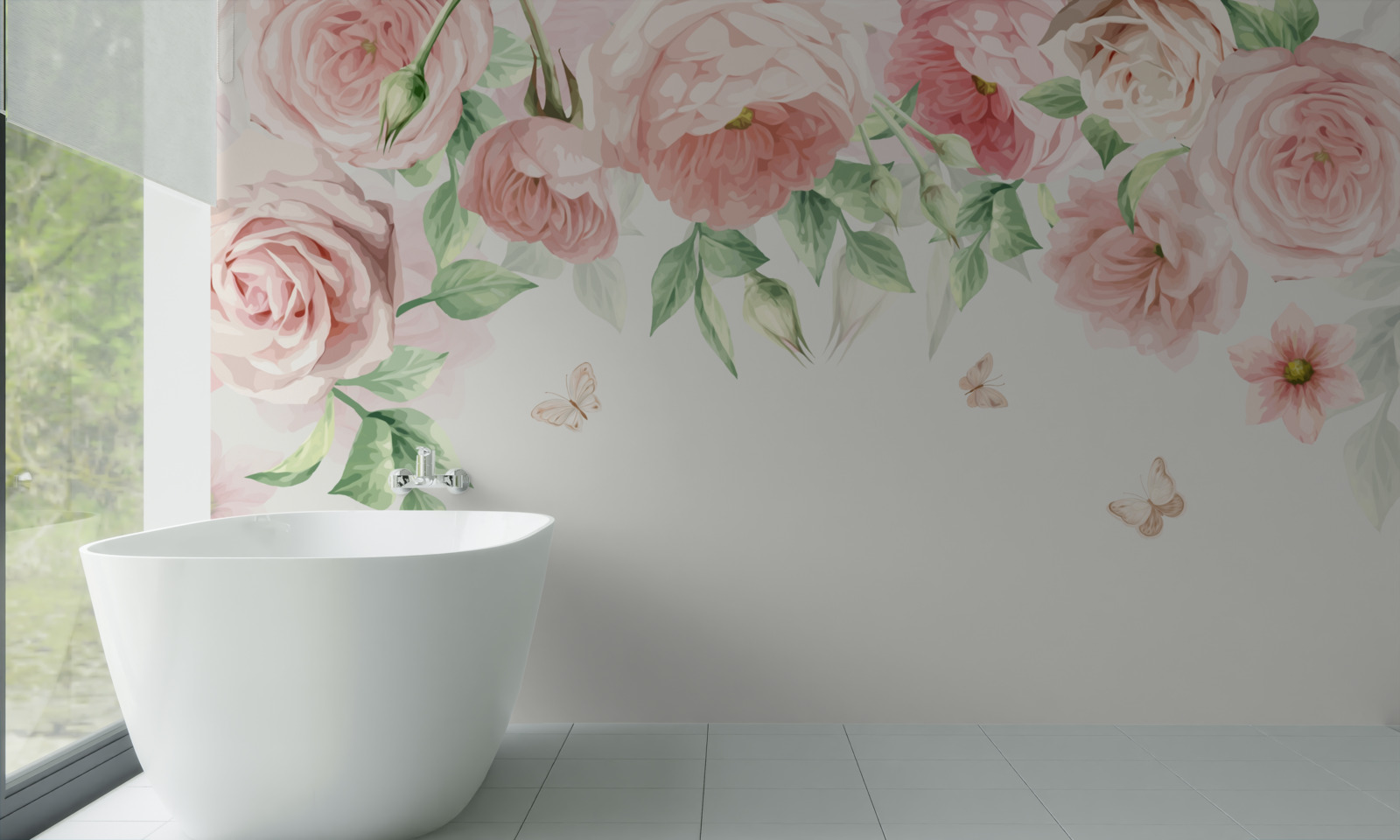 Papier peint fleurs rose tendre avec des feuilles vertes