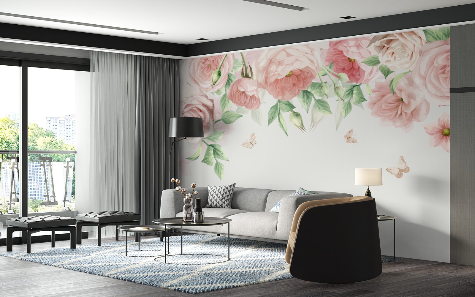 Papier peint fleurs rose tendre avec des feuilles vertes