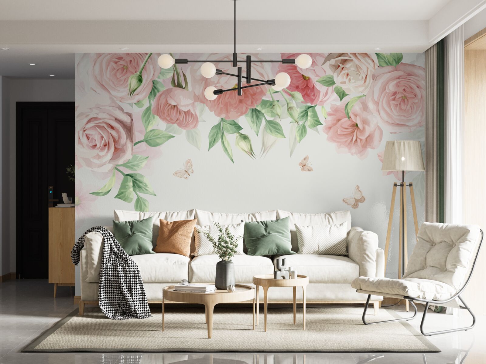 Papier peint fleurs rose tendre avec des feuilles vertes