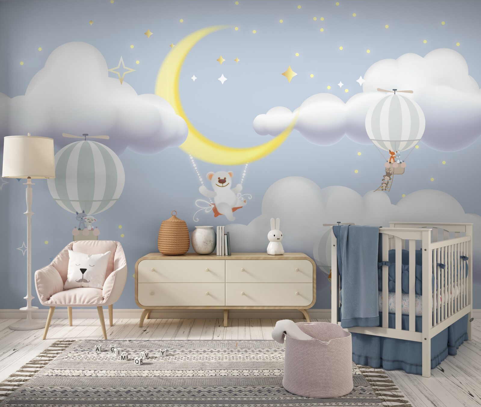 Papier peint l'ours est sur la lune et les animaux dans des ballons d'air
