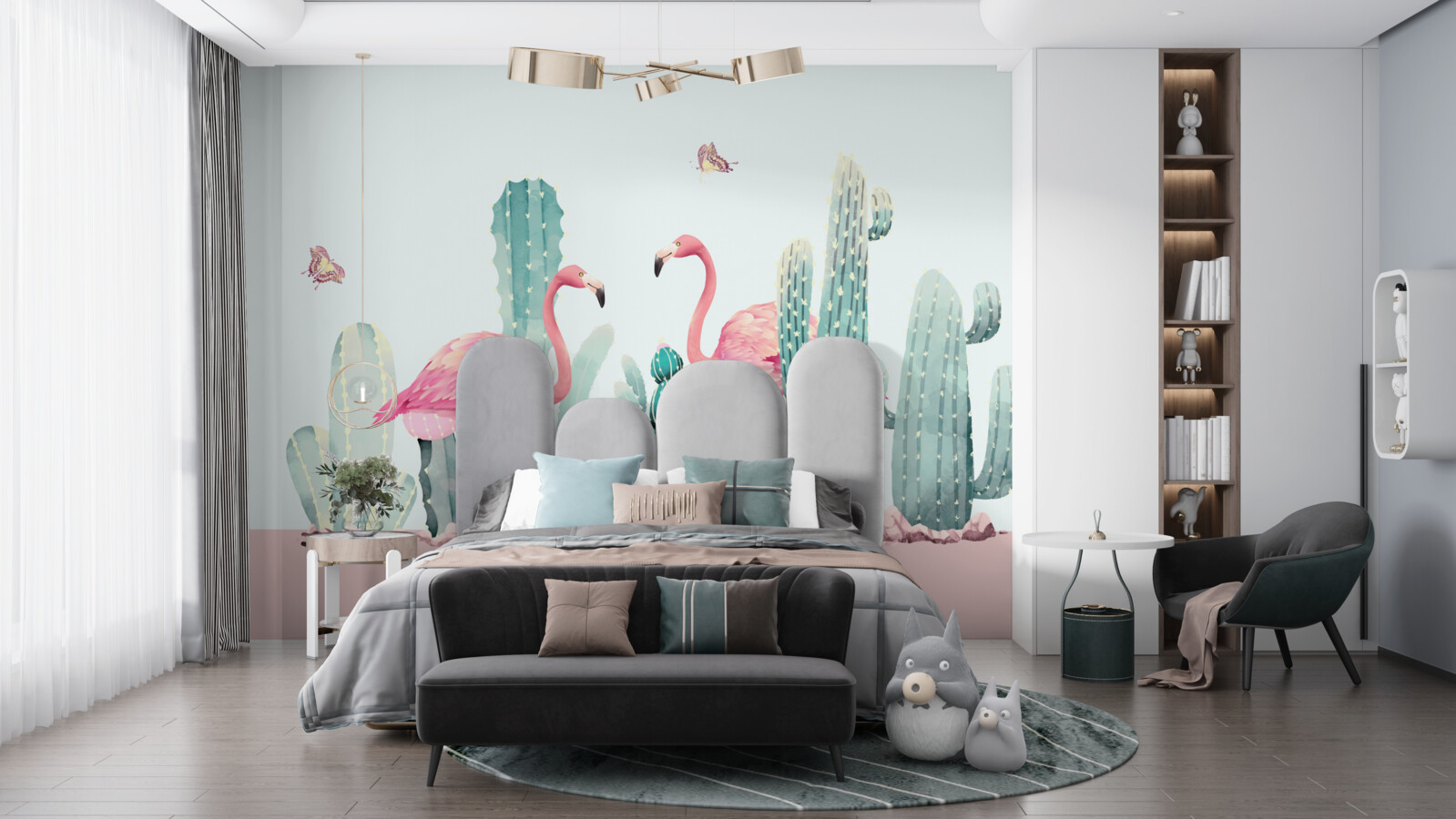 Papier peint flamants roses parmi les cactus