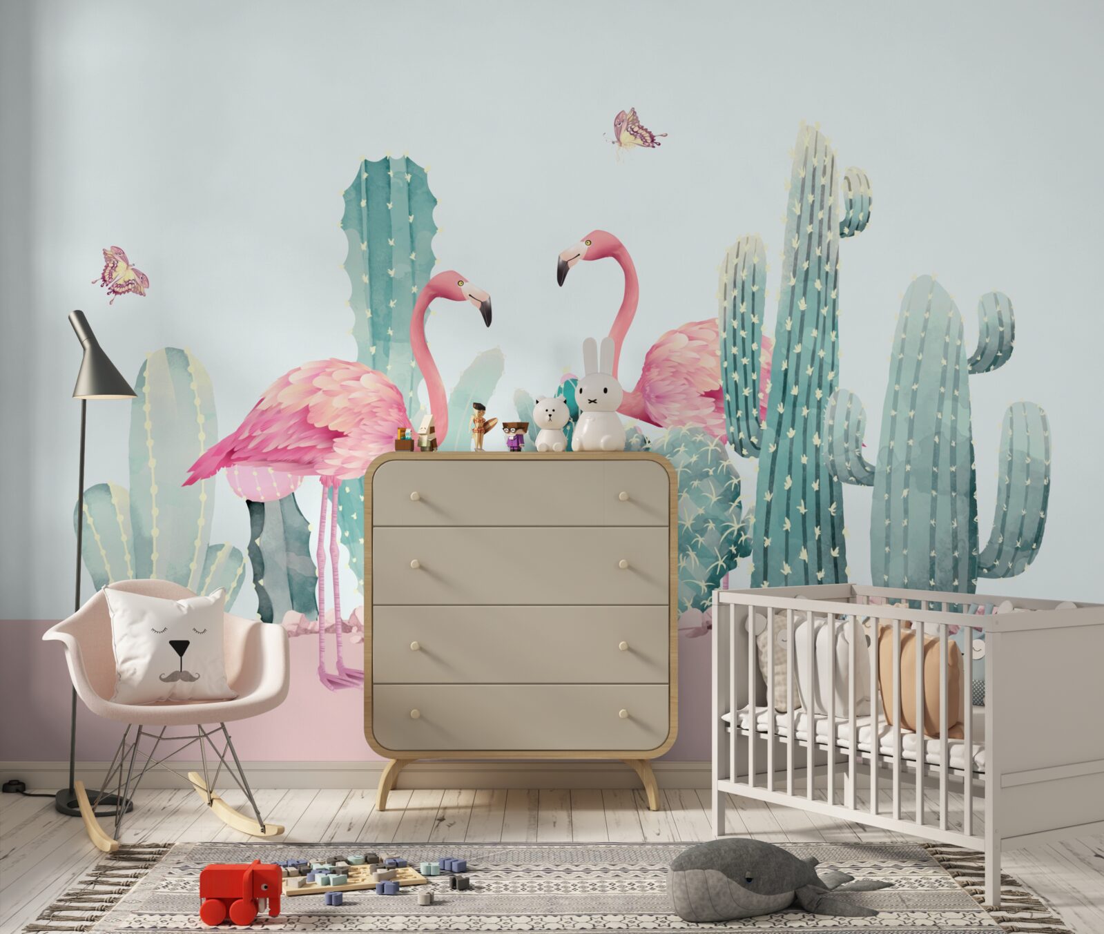 Papier peint flamants roses parmi les cactus