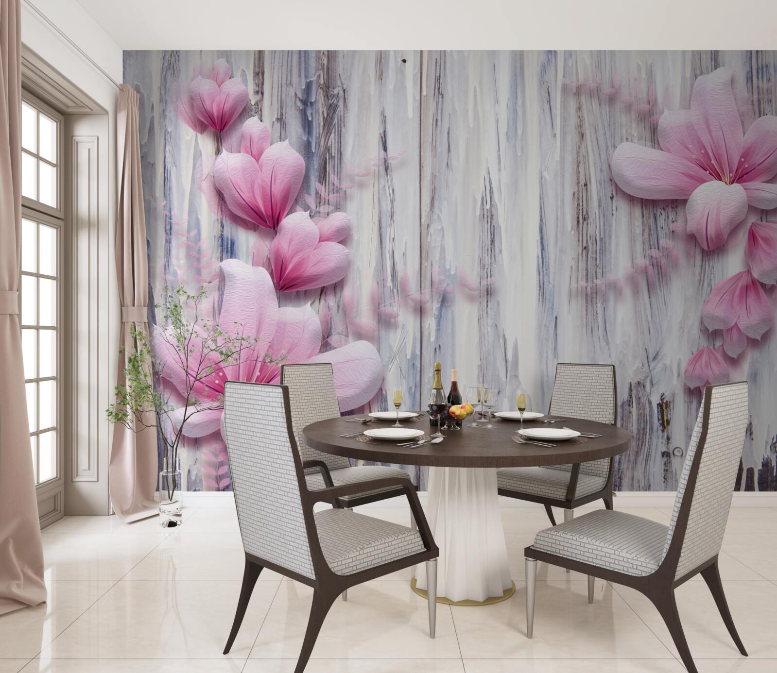 Papier peint fleurs roses sur le mur dans différentes nuances