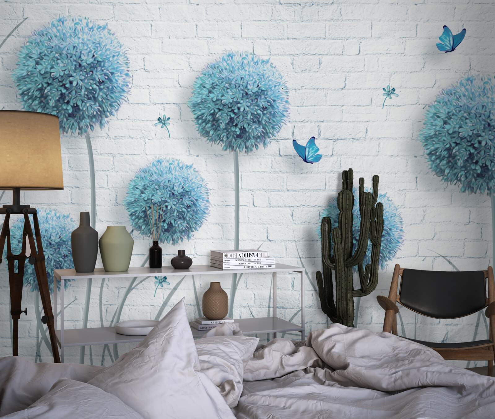Papier peint fleurs rondes bleues sur un mur blanc