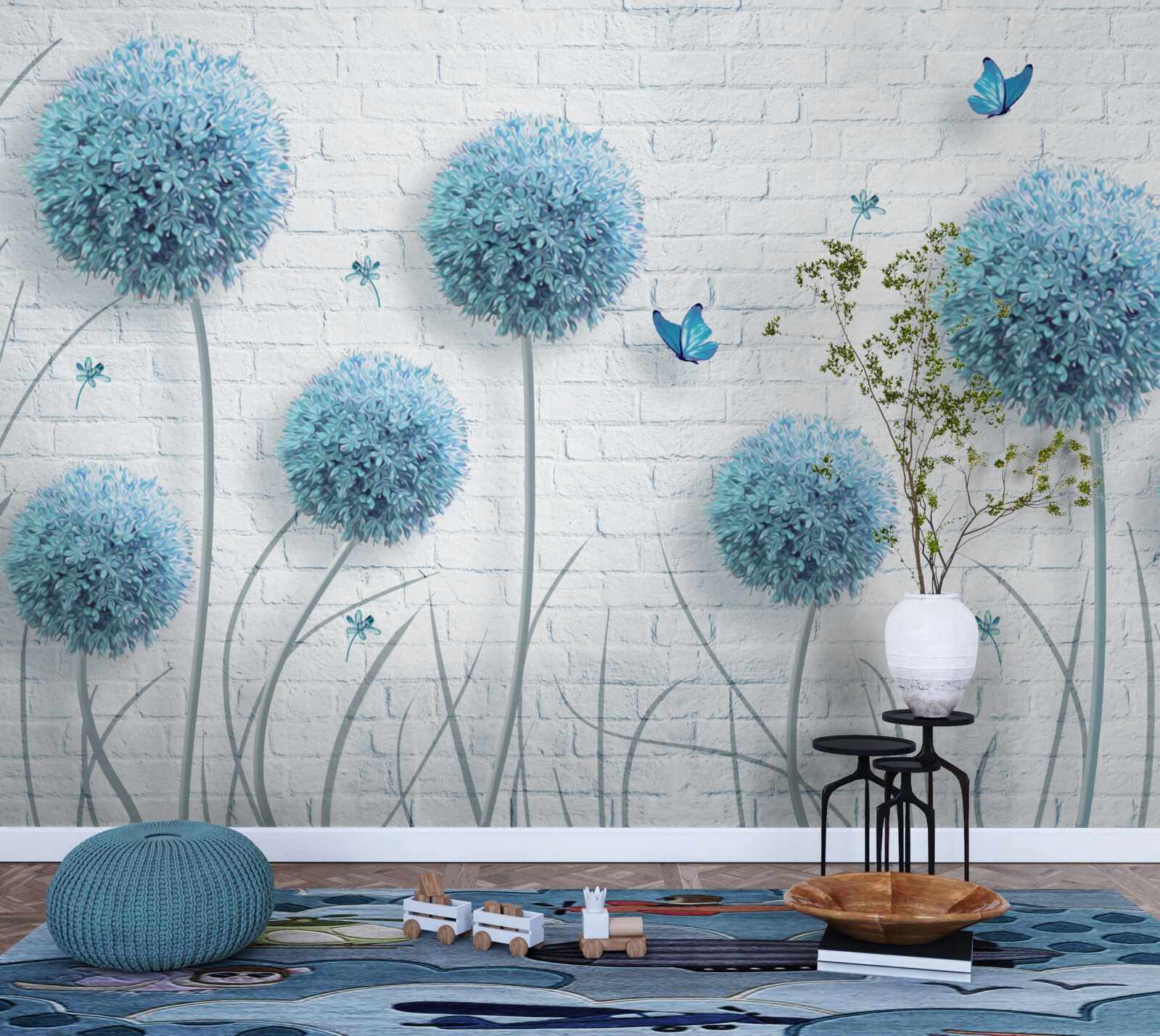 Papier peint fleurs rondes bleues sur un mur blanc