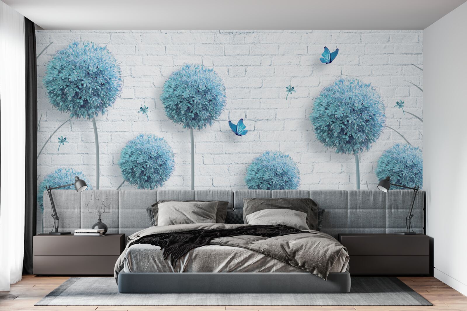 Papier peint fleurs rondes bleues sur un mur blanc