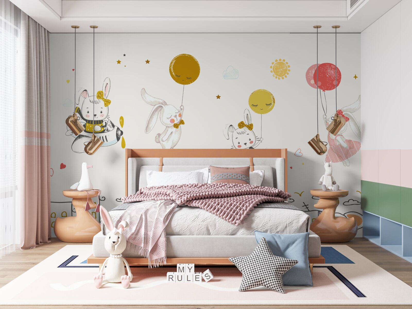 Papier peint des lapins qui tournent au-dessus des maisons