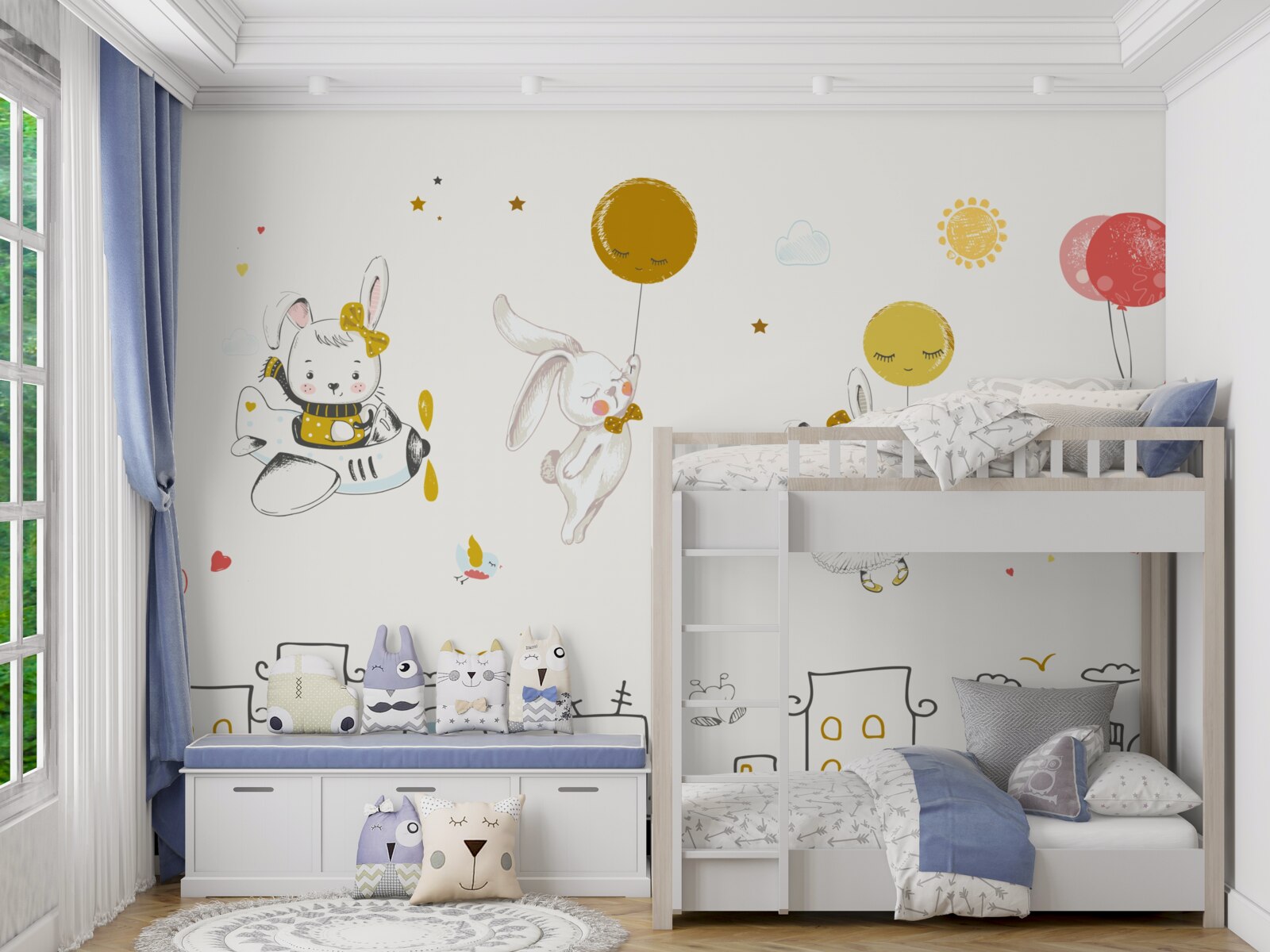Papier peint des lapins qui tournent au-dessus des maisons