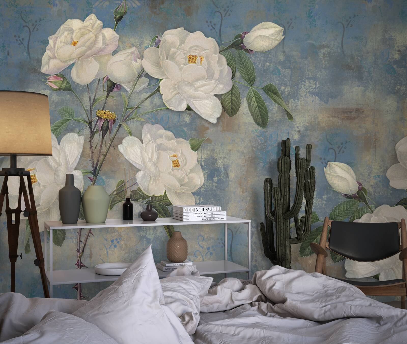 Papier peint roses blanches sur fond bleu