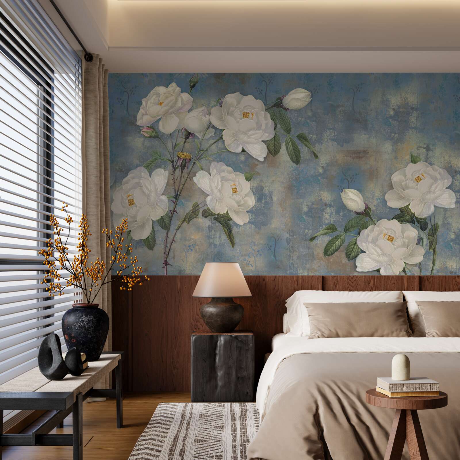 Papier peint roses blanches sur fond bleu