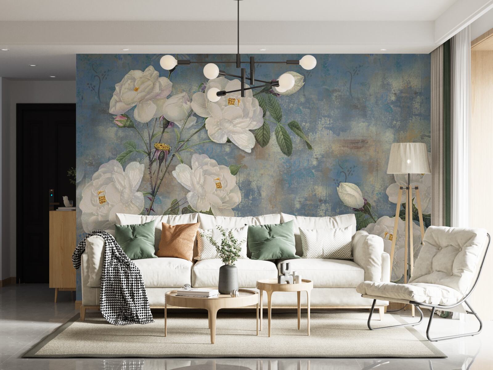 Papier peint roses blanches sur fond bleu
