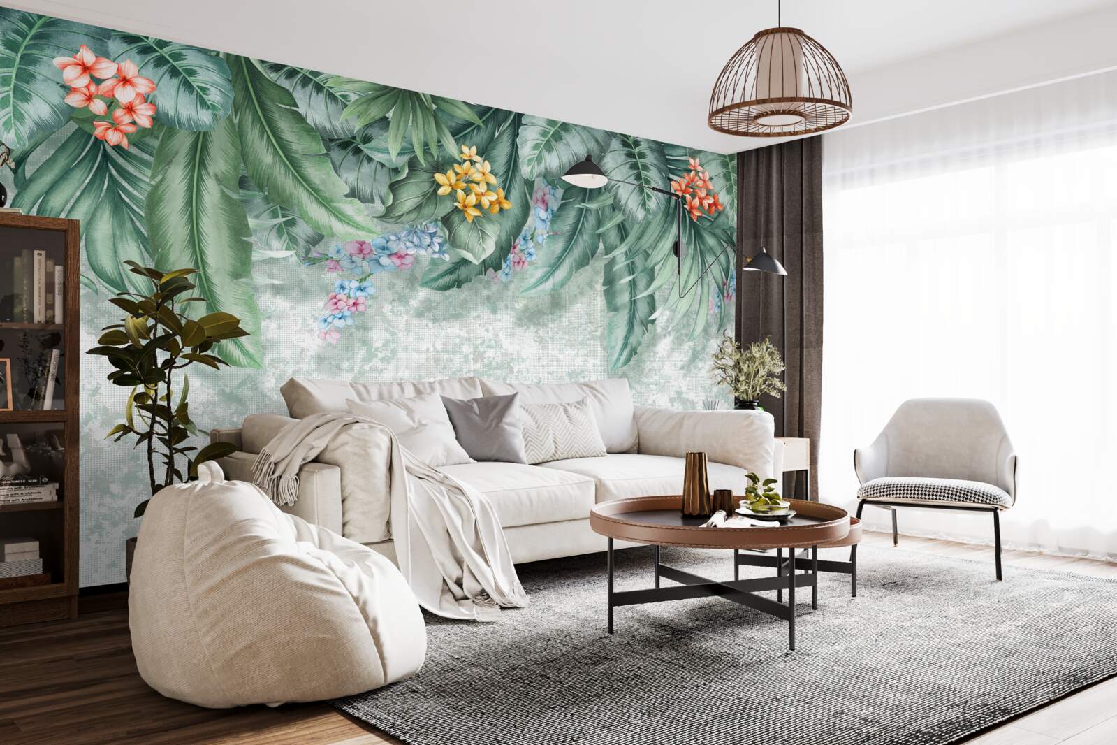 Papier peint feuilles vertes décorées de fleurs