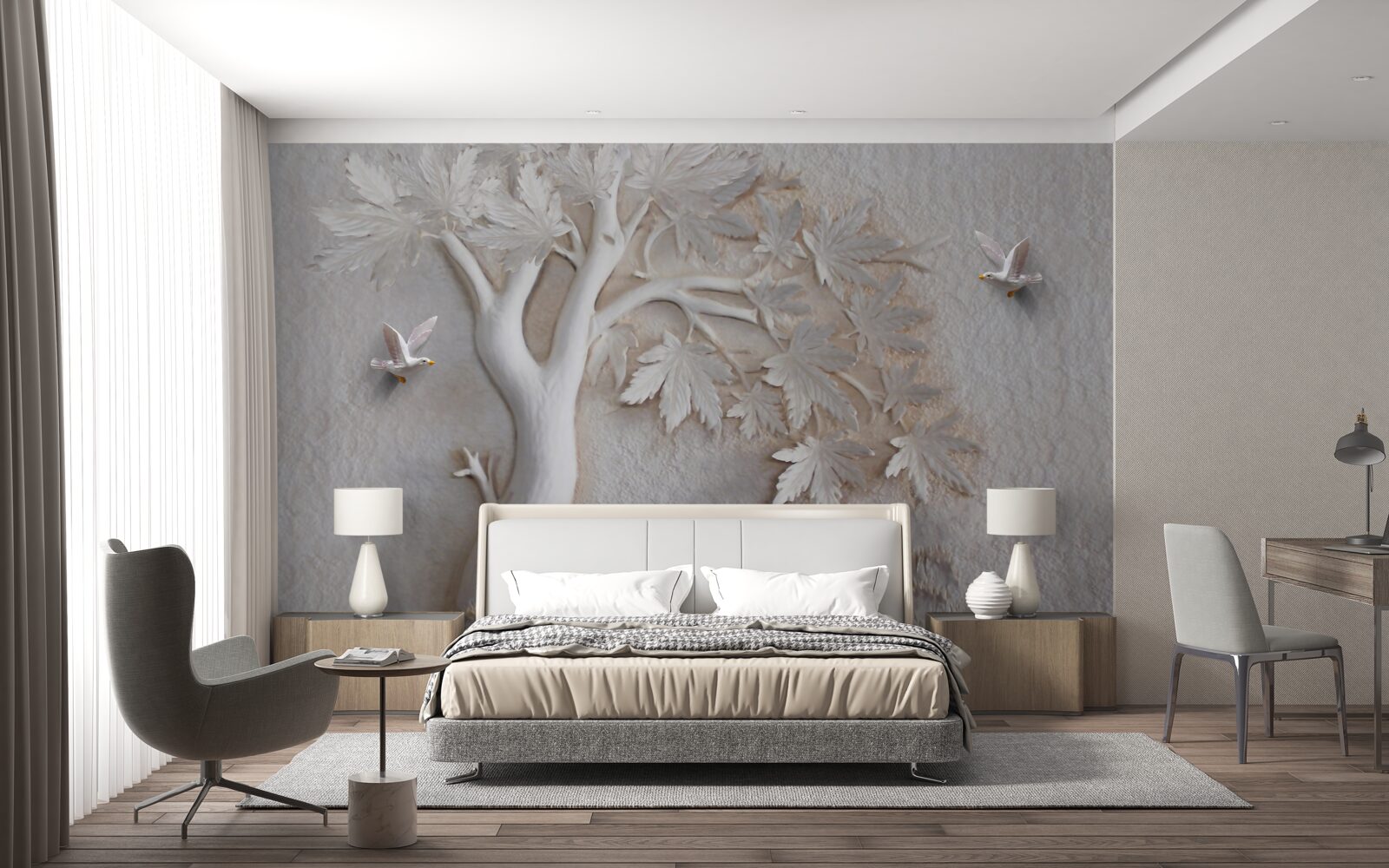 Papier peint arbre et oiseaux en trois dimensions