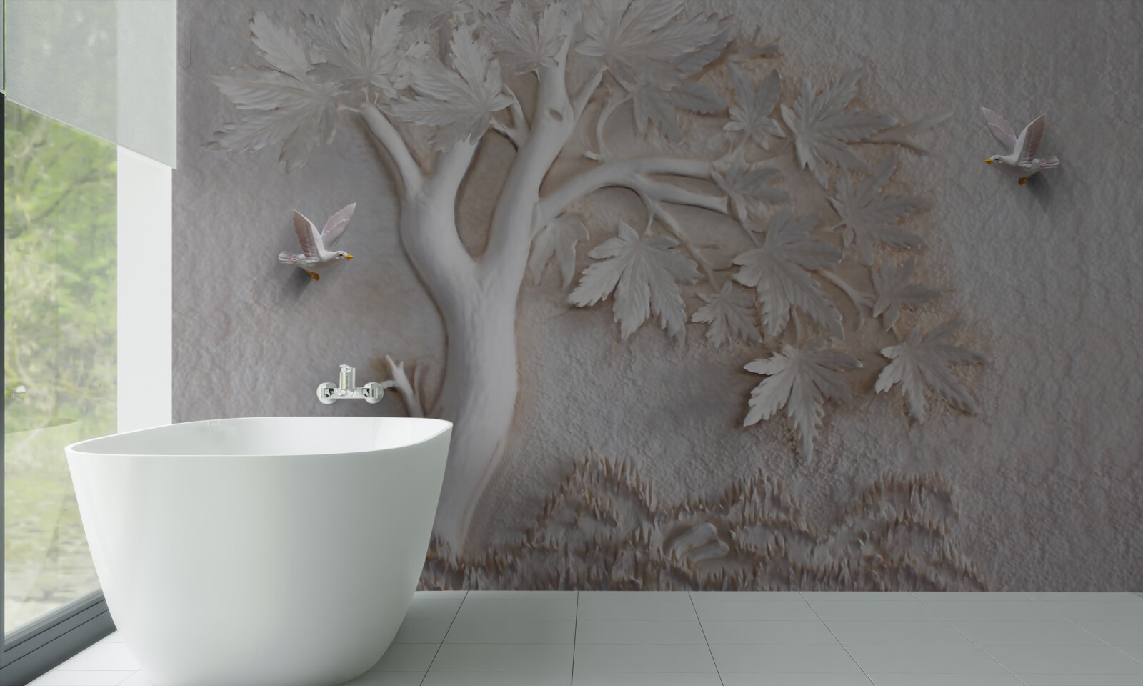 Papier peint arbre et oiseaux en trois dimensions