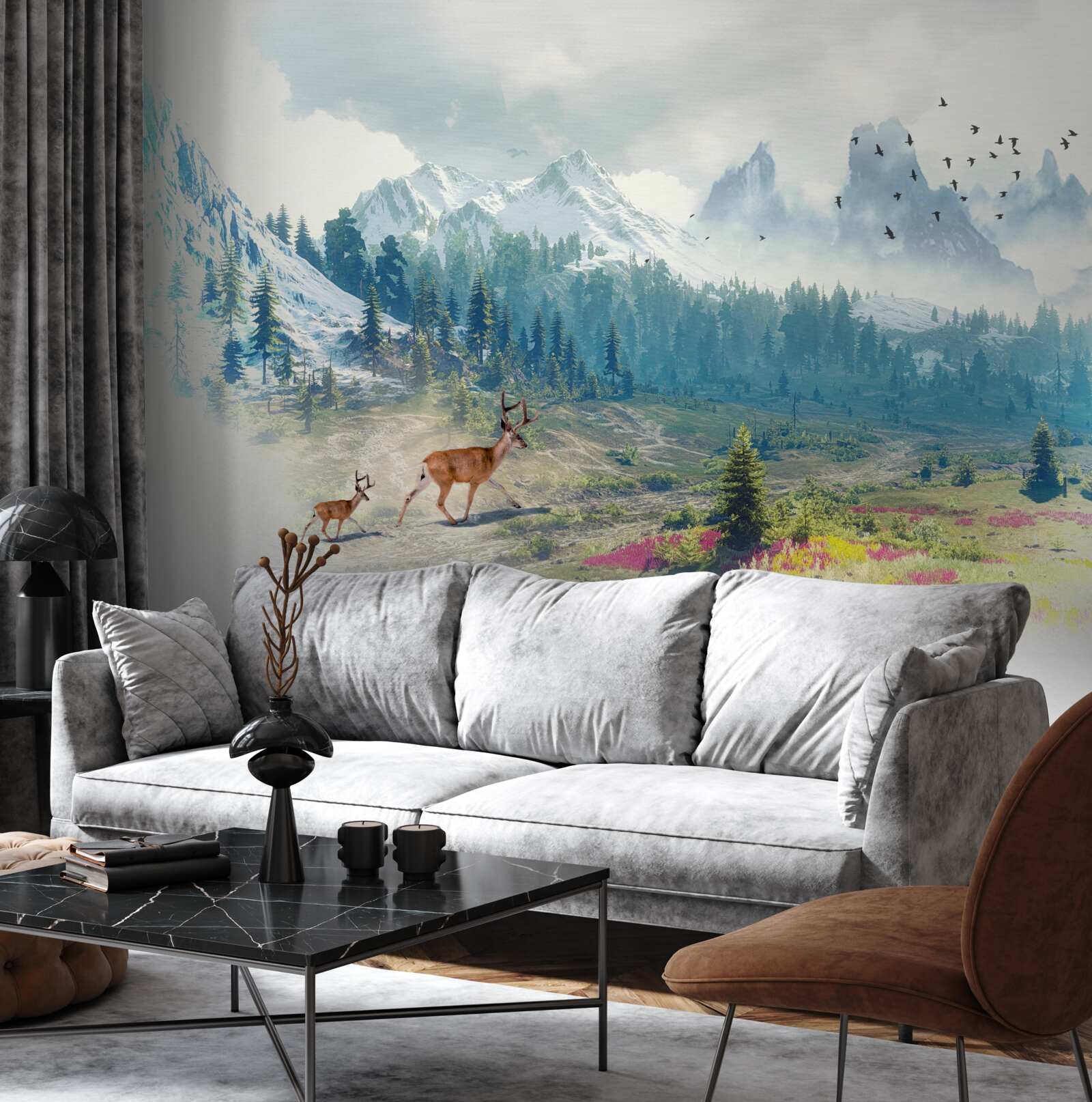 Papier peint les cerfs parcourent les montagnes