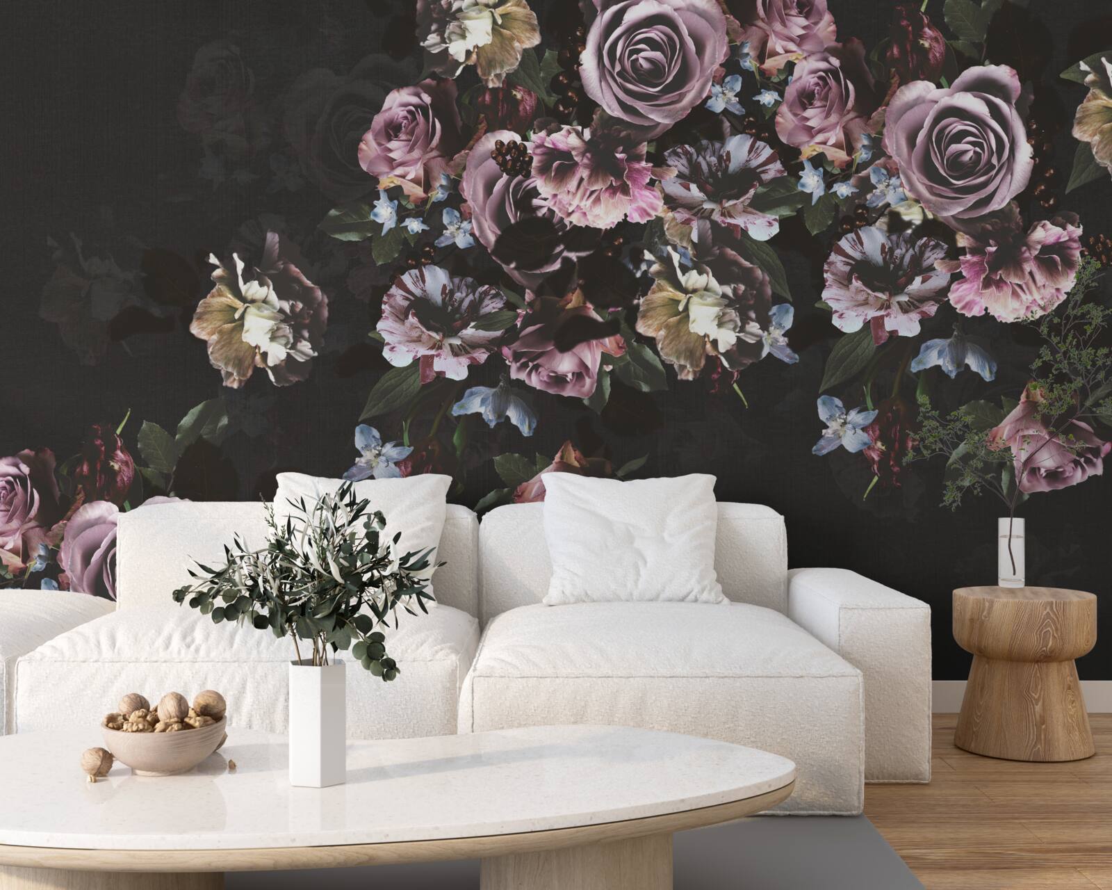 Papier peint fleurs roses sur fond noir