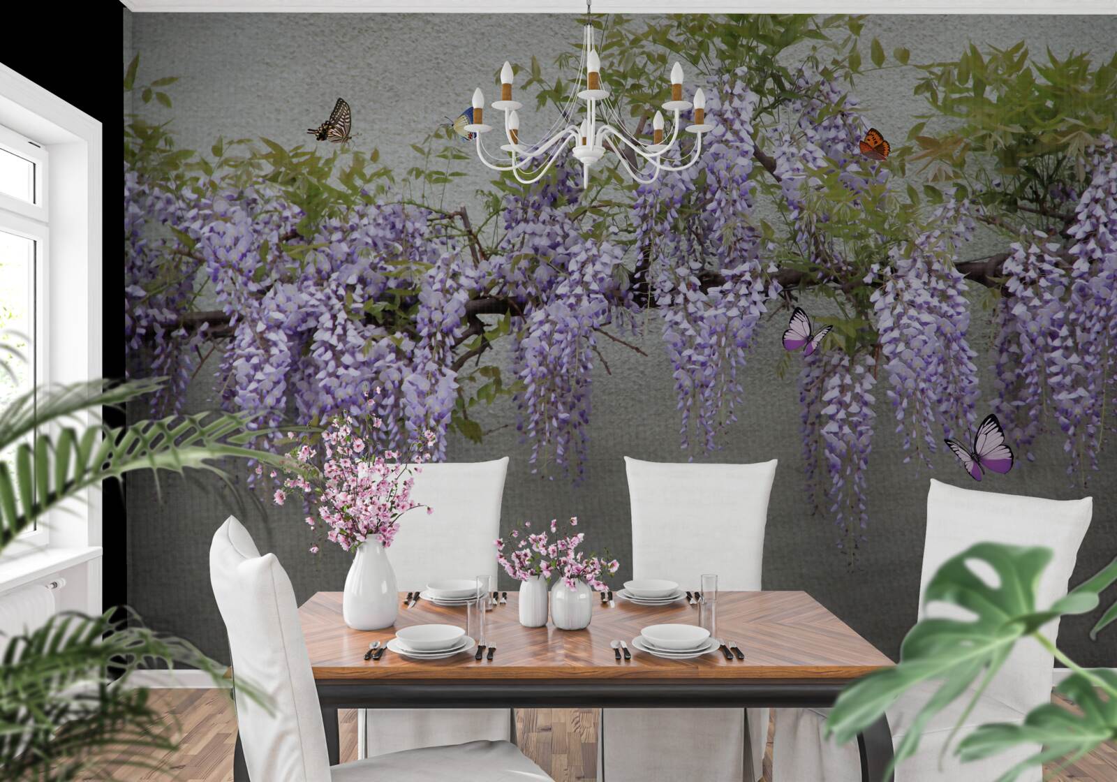 Papier peint les papillons volent autour des fleurs de lilas