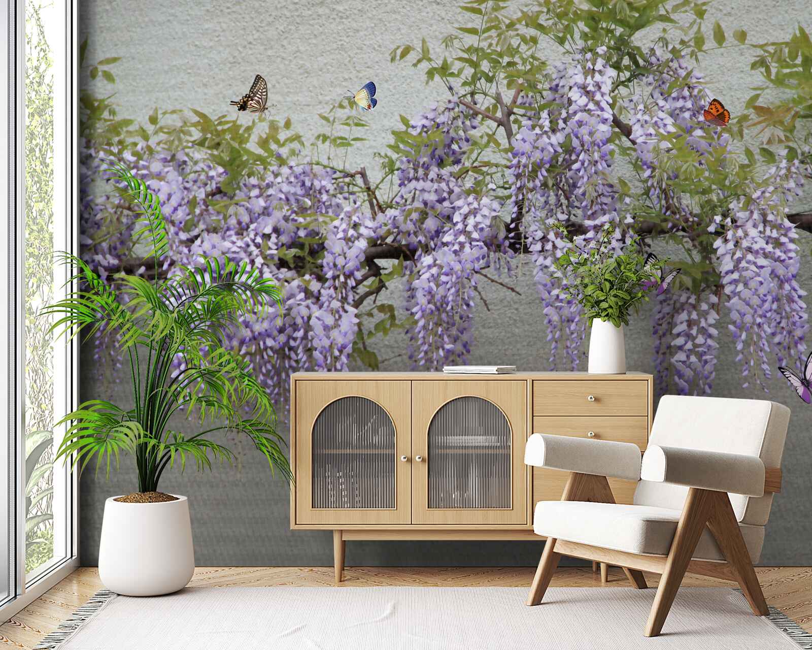 Papier peint les papillons volent autour des fleurs de lilas