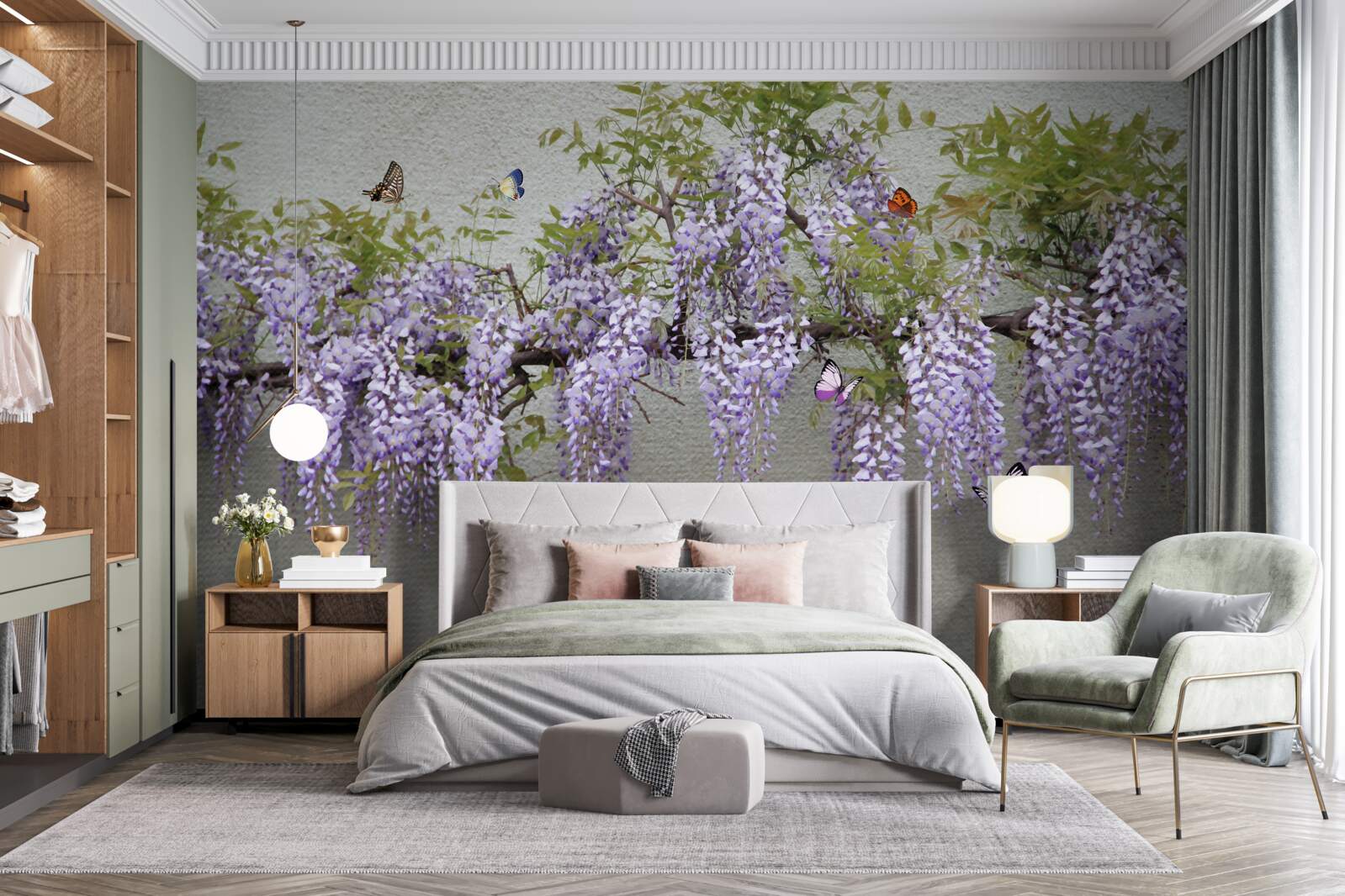 Papier peint les papillons volent autour des fleurs de lilas