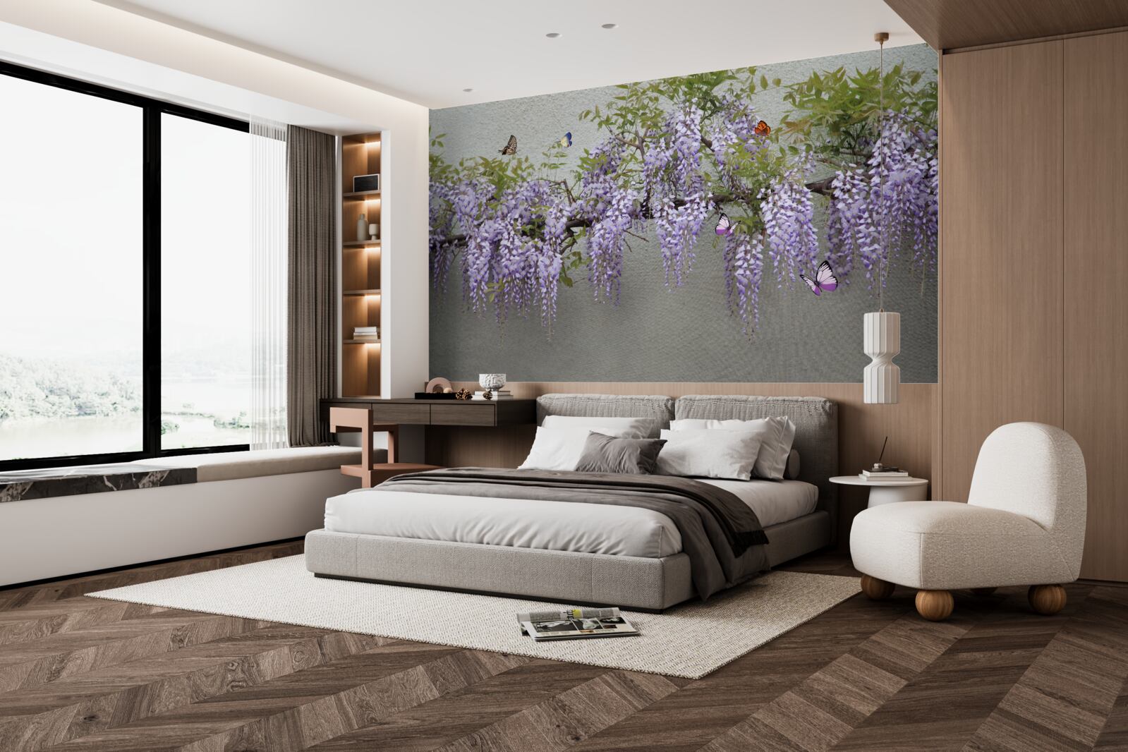 Papier peint les papillons volent autour des fleurs de lilas