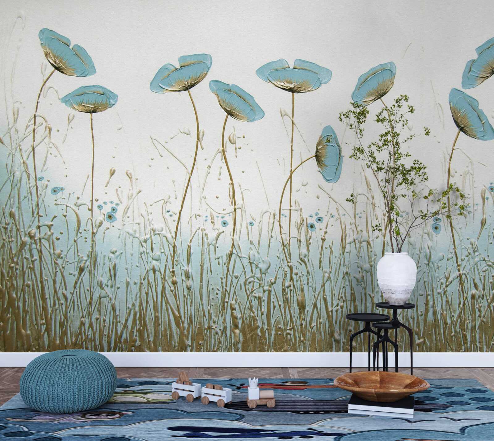 Papier peint fleurs bleues sur des tiges gracieuses
