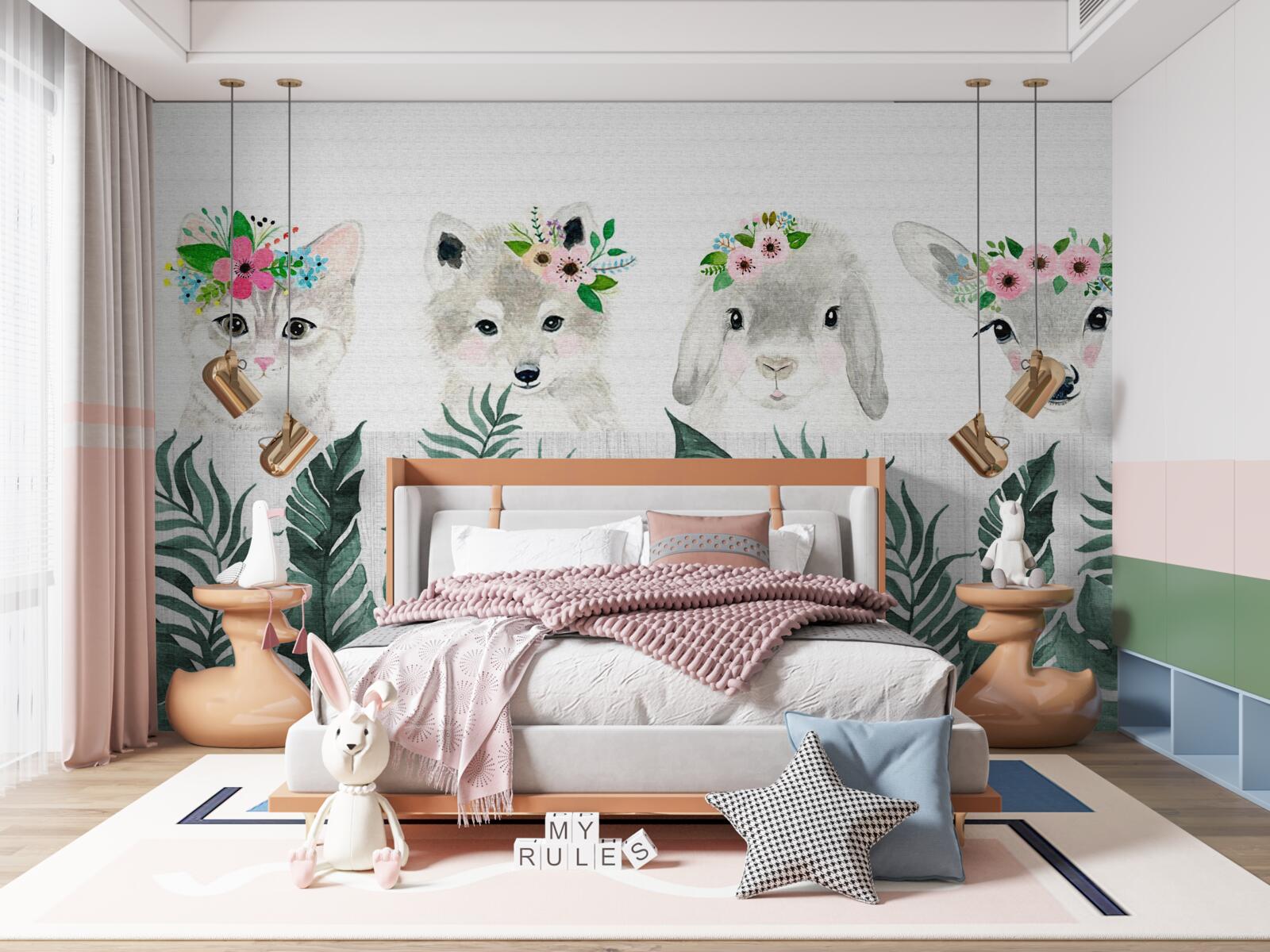 Papier peint visages d'animaux avec des fleurs