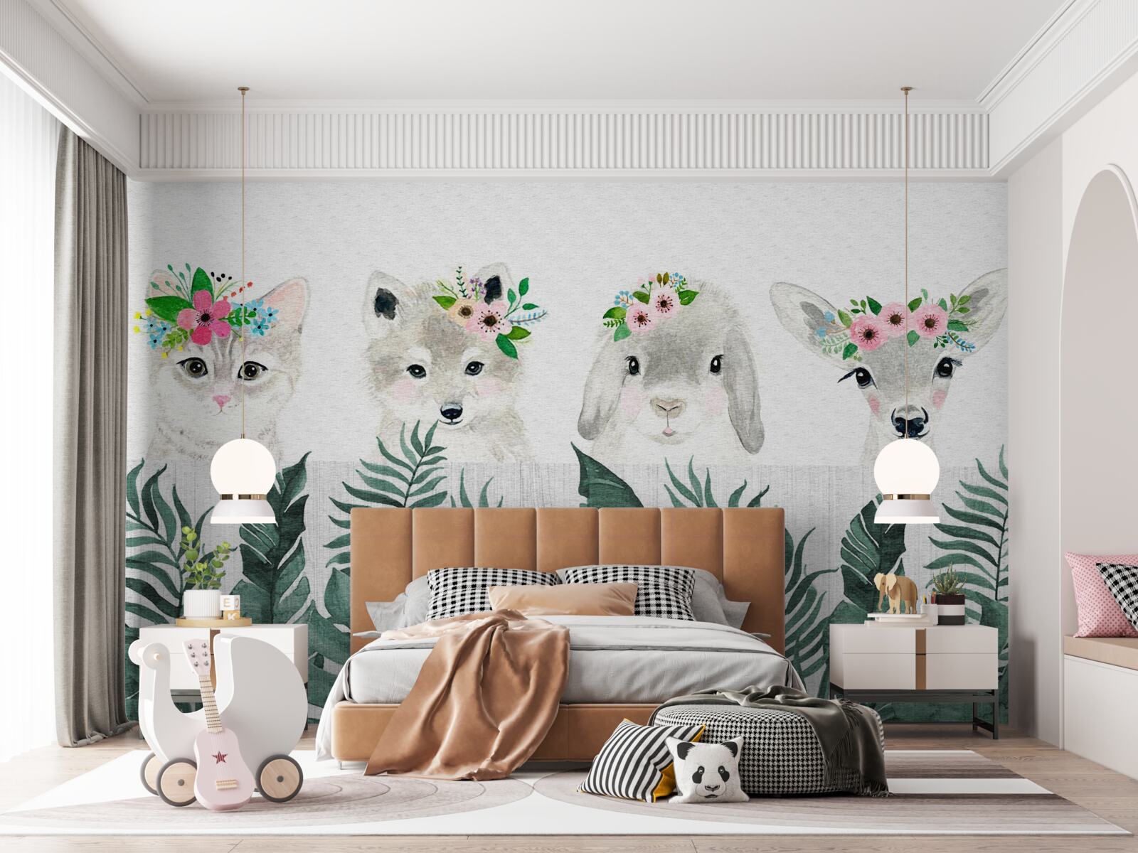 Papier peint visages d'animaux avec des fleurs